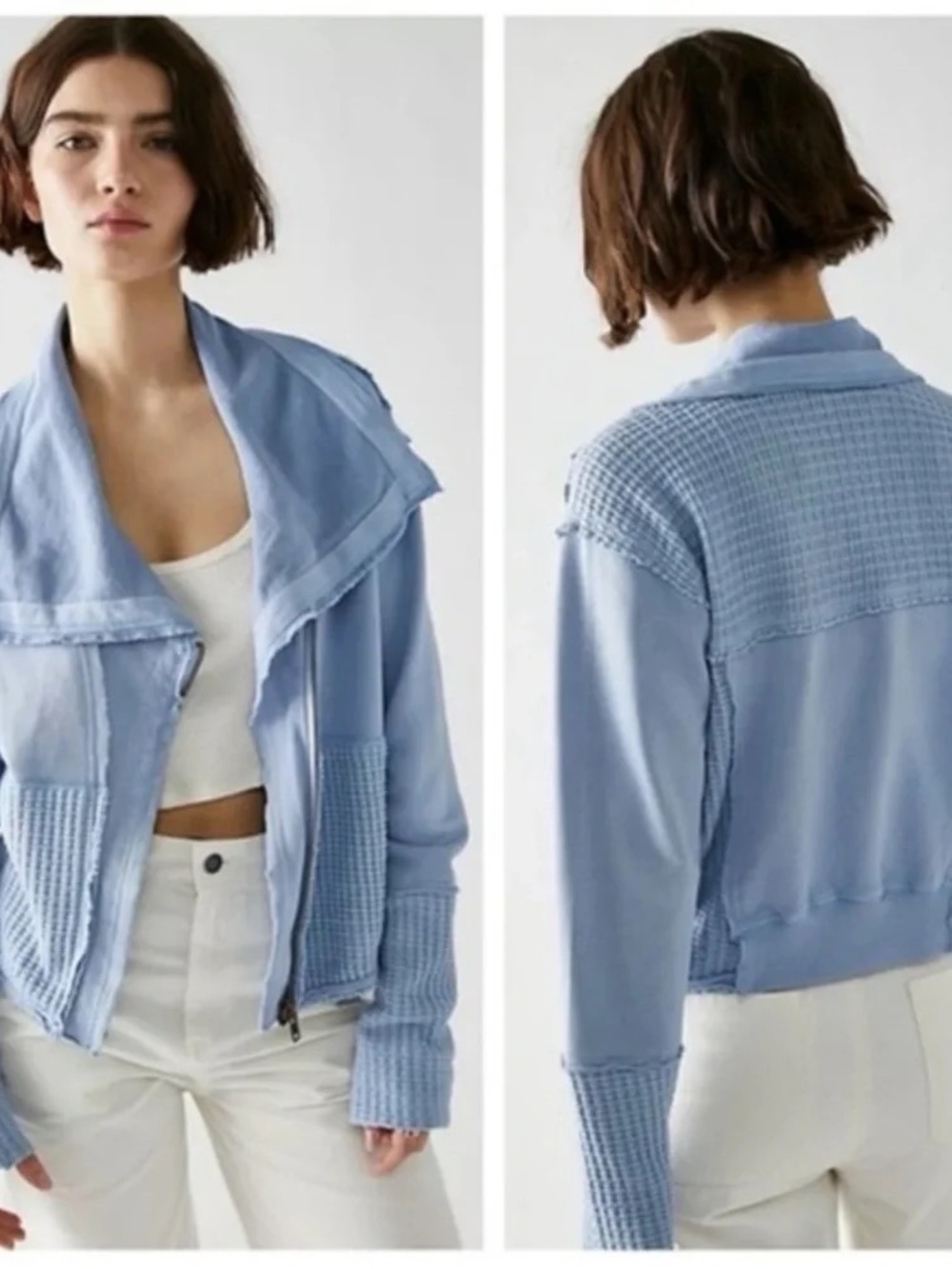 Free People Powder Blue moto cotton waffle Zip Bomber Jacket